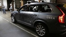 FILE - In this Dec. 13, 2016 file photo, an Uber driverless car is displayed in a garage in San Francisco.