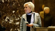 In this Nov. 29, 2016, file photo Mika Brzezinski waits for an elevator in the lobby at Trump Tower, Tuesday, Nov. 29, 2016, in New York.