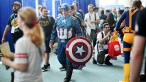 A Captain America character walks at the San Diego Convention Center during Comic Con International on July 20, 2017 in San Diego, California. Comic Con International is North America