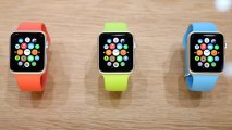 This September 9, 2014, file photo shows the Apple Watch displayed during an Apple special event at the Flint Center for the Performing Arts in Cupertino, California.