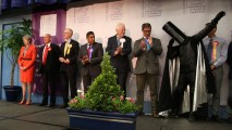 British Prime Minister Theresa May (L) waits with other candidates for the results to be declared at the count centre in Maidenhead early in the morning of June 9, 2017, hours after the polls closed in Britain