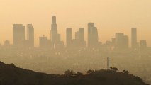 FILE PHOTO -- Downtown high rise buildings are shown cloaked in dirty air shortly after sunrise September 11, 2002 in Los Angeles, California.