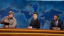 Bobby Moynihan as Drunk Uncle, Colin Jost, and Michael Che during "Weekend Update."