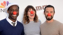 Actor Sterling K. Brown, actress Mandy Moore and actor Milo Ventimiglia arrive for The Red Nose Day Special On NBC at Alfred Hitchcock Theater at Universal Studios on May 26, 2016 in Universal City, California.