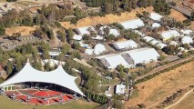 Aerial view May 18, 2017, of Shoreline Amphitheater, where a fire injured six people.