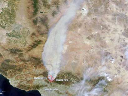 Imagery from NASA shows smoke from the Morris and Station fires. 