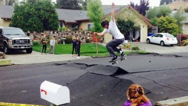 [NATL-BAY] RAW VIDEO: Skateboarders Jump Buckled Napa Streets
