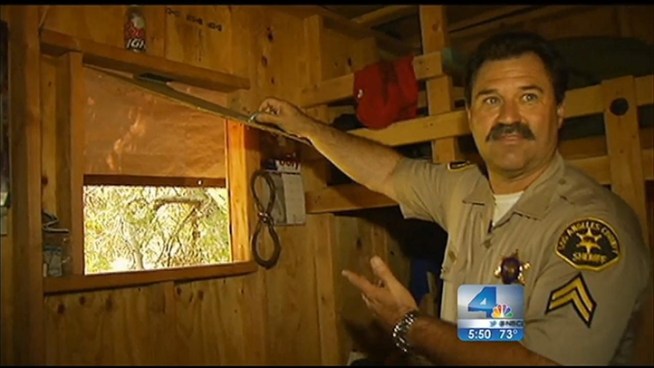 LA County Sheriff's Deputies found a structure in the Tujunga Ponds Wildlife Sanctuary in Sunland furnished with bunk beds, tables, shelves, a rock patio and barbeque. Investigators say the man who built the home lived there for more than a year. Gordon Tokumatsu reports from Sunland for the NBC4 News at 5 p.m. on July 17, 2012.