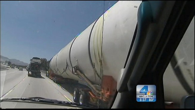 Two rocket boosters from the retired Endeavor space shuttle on Friday finished their 2,500-mile road trip from Florida to Palmdale, where they will be stored until the Science Center finishes building the Endeavor exhibit. Craig Fiegener reports from Banning for the NBC4 News at 5 p.m. on Aug. 24, 2012.