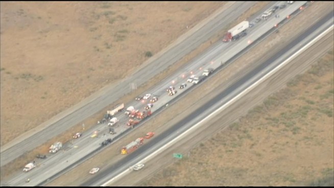 Aerial video shows the site of a crash that killed two people early Tuesday on the 5 Freeway near Gorman. Raw Video