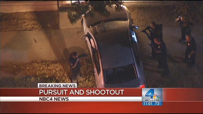 A police pursuit in the San Fernando Valley Wednesday night ended in a police shootout in Van Nuys. The man believed to be the driver was killed and a woman believed to be the passenger was arrested, police said. Robert Kovacik reports from Van Nuys for the NBC4 News at 11 p.m. on Oct. 17, 2012.