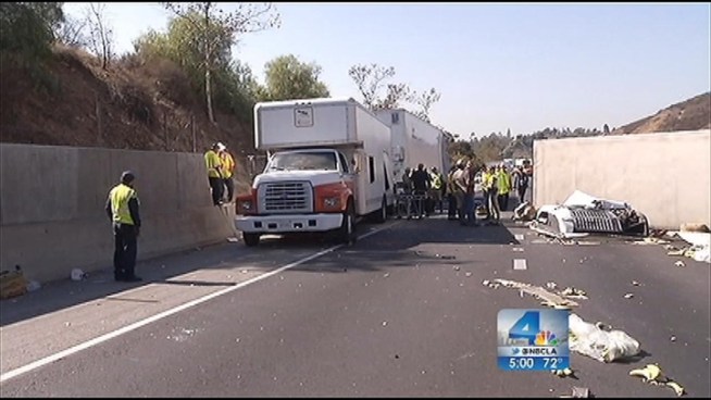 Two big rigs collided, killing one and seriously injuring two  and blocking the eastbound Pomona (60) Freeway for much of Saturday. One truck hit another that had pulled over for an earlier collision. Whit Johnson reports from Diamond Bar for the NBC4 News at 5 p.m. on Oct. 19, 2012.