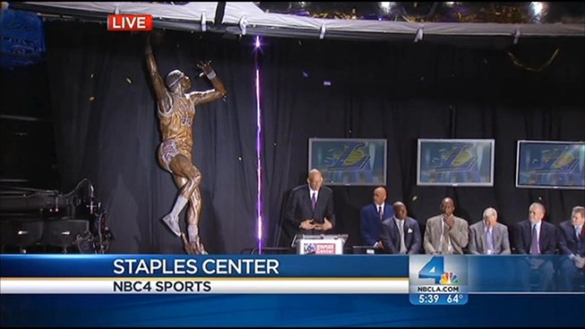 Kareem Abdul-Jabbar was honored Friday night at Staples Center with his very own statue in which he's depicted gliding through the air in his signature move, the sky hook. Mario Solis reports from the Staples Center in Los Angeles for the NBC4 News at 5 p.m. on Nov. 16, 2012.