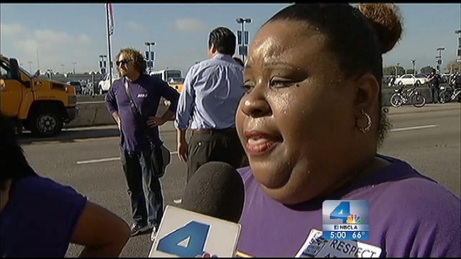 Airport workers blocked parts of Century and Sepulveda boulevards near LAX on Wednesday during a rally against what they say are unfair labor practices by an airport contractor that provides passenger services such as baggage handling and ticket verification. Ted Chen reports from LAX for the NBC4 News at 5 p.m. on Nov. 21, 2012.
