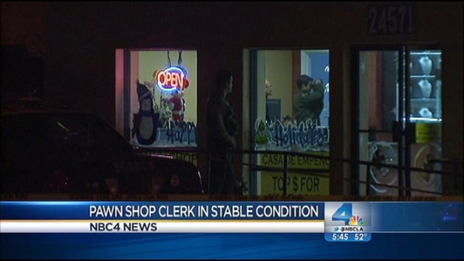 Five suspected robbers involved in a violent heist at a Moreno Valley pawn shop were apparently caught on camera walking in and out of the store, where a clerk was shot four times. After the robbery, the group fled the scene, sparking a high-speed pursuit that ended at Cal State Fullerton. One of the men then allegedly carjacked a Toyota and began another high-speed chase that ended in a baseball field in Watts. Whit Johnson reports for the NBC4 News at 5 p.m. on Dec. 13, 2012.
