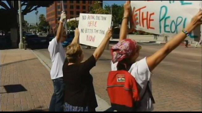 Over the weekend, a group of Occupy Riverside activists started hanging out on the mall in downtown Riverside. At times the crowd was estimated at 200 people.