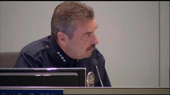 At Tuesday's police commission meeting, LAPD Chief Charlie Beck speaks in favor of loosening the department's impound policy for unlicensed drivers.