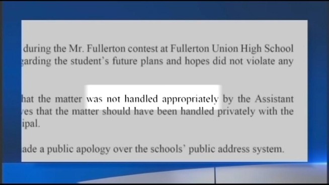 “No one should have been offended. Nobody was,” says Kearian Giertz, a senior at Fullerton Union High School who was disqualified from a pageant by the school’s vice principal over a comment Giertz made about gay marriage. When asked where he saw himself 10 years from now, Giertz said he hoped gay marriage would be legal. School officials released a statement to parents admitting that the situation was not handled appropriately. Vikki Vargas reports.
