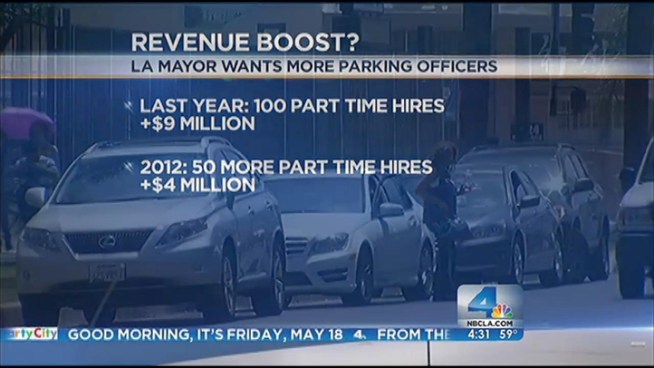 Los Angeles Mayor Antonio Villaraigosa proposed adding 50 additional parking enforcement officers to boost revenue for the cash strapped city. Annette Arreola reports from Studio City for Today in LA at 5 a.m. on May 18, 2012.