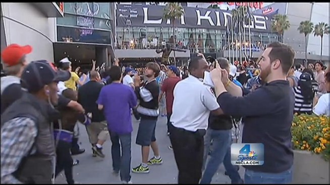 LAPD was out in full force in Downtown LA following the LA Kings' Stanley Cup victory, but police say with six arrests total, the reveling fans were peaceful, respectful and celebrated with class. Robert Kovacik reports from outside Staples Center for the NBC4 News at 11 p.m. on June 11, 2012.
