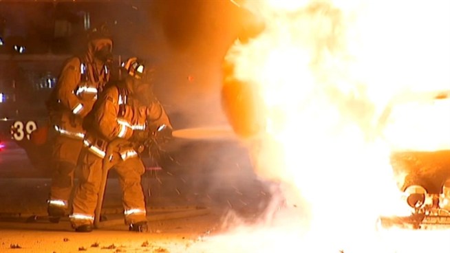 A Jaguar caught fire around 10:24 p.m. Monday on southbound Interstate 15, north of Friars road.