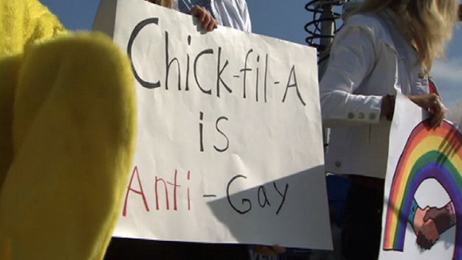 The grand opening of a Laguna Hills franchise of Southern chicken chain Chick-fil-A was greeted by a few dozen protesters who were critical of the chain President Dan Cathy's stance on gay marriage. Toni Guinyard reports from Laguna Hills for the NBC4 News at Noon on July 26, 2012.