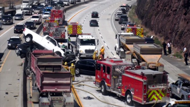 A massive 19-vehicle pileup on the 14 Freeway near Agua Dulce sent 15 people to the hospital Monday after a big rig truck slammed into a vehicle setting off a chain reaction. The southbound lanes were shut down for hours starting from Escondido Canyon Road near Agua Dulce. John Cadiz Klemack and Patrick Healy report for the NBC4 News at 5 p.m. on June 26, 2012.