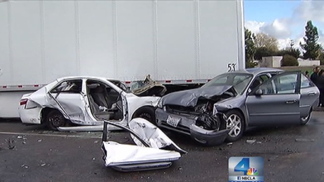 At least six people were injured Wednesday in a crash involving a jack-knifed big rig near the 71 and 60 freeway interchange. Jacob Rascon reports for the NBC4 News at Noon on Dec. 26, 2012.