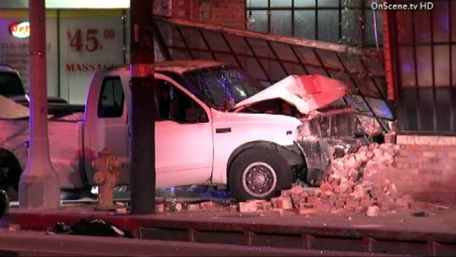Customers were inside the restaurant Sunday night when the pickup smashed through a wall after the pursuit on Lincoln Boulevard. Video broadcast Monday Feb. 11, 2013 on Today in LA.