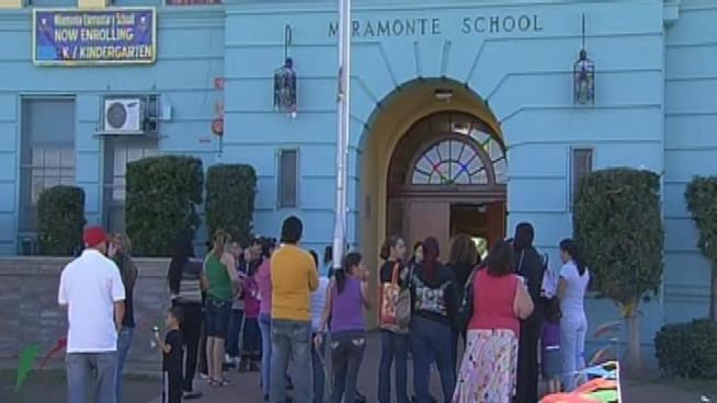 Students returned to class Thursday at Miramonte Elementary School, where the entire staff was replaced following the arrests of two former teachers on charges of committing lewd acts with students.