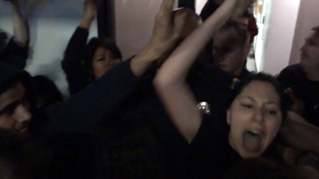 Video from Tuesday night's altercation at Santa Monica College shows officers coming face-to-face with a crowd outside a board meeting. Annette Arreola reports from Santa Monica.