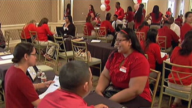 People lined up in West Los Angeles to apply for jobs available at a new Downtown LA Target CityStore that will open in October. More than 4,000 applications have been filed online and another 400 met with their potential employer in person. Applicants say they hope this is their chance to escape California's highest unemployment -- 10.7 percent, third highest in the nation. Conan Nolan reports from West Los Angeles for the NBC4 News at 5 p.m. on August 16, 2012.