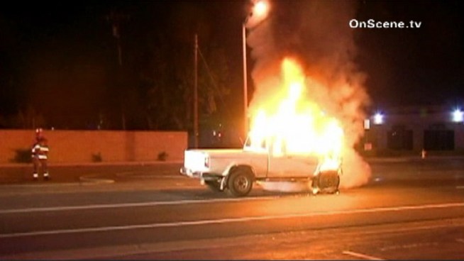 A driver involved in a hit-and-run crash stopped after his vehicle was engulfed in flames in the Buena Park area.