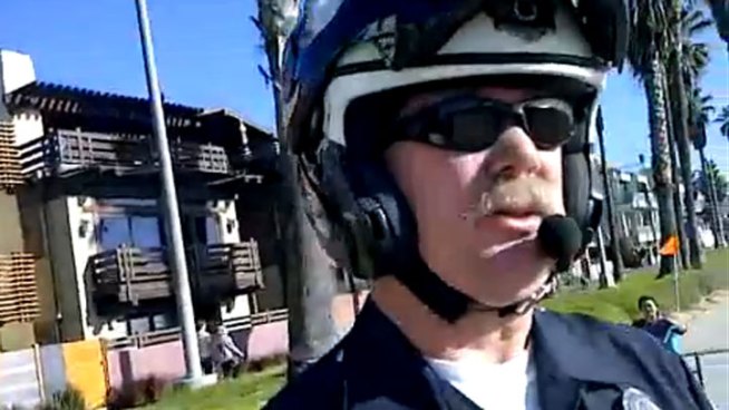 In the 10-minute clip, a cyclist turns on his helmet camera and records the interaction, which drew a handful of onlookers who protested that the cyclist had done nothing wrong and that the officer needed to address serious crime in Venice. Mekahlo Medina reports for the NBC4 News at 5 p.m. on Jan. 18, 2013.