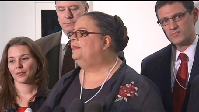 The Chicago Teachers Union's leadership speaks to reporters following a meeting of the union's House of Delegates.