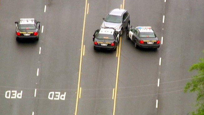CHP officers deploy a pursuit intervention technique, sending a sport utility vehicle into a spin. Raw video from Friday Jan. 25, 2013.