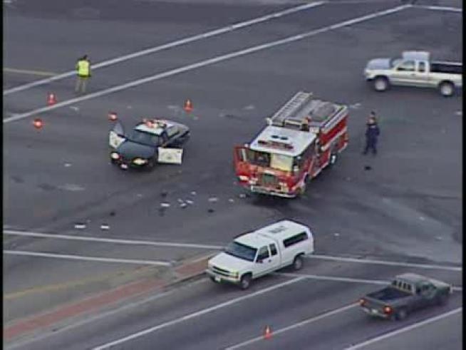 One person is killed and three firefighters are injured after a Riverside County fire truck collided with a pickup.