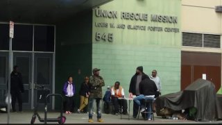 Homeless people in Los Angeles outside the Union Rescue Mission.