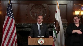 File Image: LA Mayor Eric Garcetti speaks at a news conference about the city’s response to the coronavirus outbreak on Sunday, March 22, 2020.