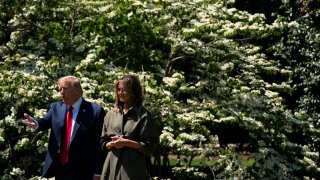 President Donald Trump and first lady Melania Trump participate in a tree planting ceremony to celebrate Earth Day, on the South Lawn of the White House, Wednesday, April 22, 2020, in Washington.
