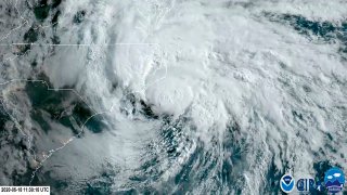 In this satellite image made available by NOAA shows Tropical Storm Arthur off the coast of North Carolina, Monday, May 18, 2020. The storm dropped several inches of rain on parts of eastern North Carolina and flooded roads before moving out to sea away from the state.