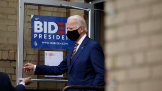 Democratic presidential candidate, former Vice President Joe Biden arrives at Carlette's Hideaway, a soul food restaurant, to speak with small business owners, Wednesday, June 17, 2020, in Yeadon, Pa.