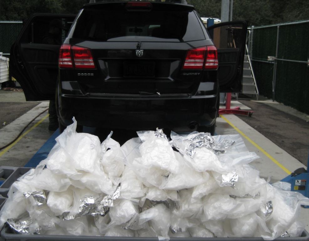 On April 13, 2020, U.S. Border Patrol agents arrested a woman at the Interstate 8 checkpoint near Pine Valley after they discovered nearly 44 pounds of meth hidden in her Dodge Journey. A K-9 alerted agents to the car; inside, agents found 42 bundles of meth stashed inside both rear quarter panels. U.S. Customs and Border Protection said the drugs had an estimated street value of $98,505. The woman – a 22-year-old U.S. citizen – was arrested on suspicion of smuggling.