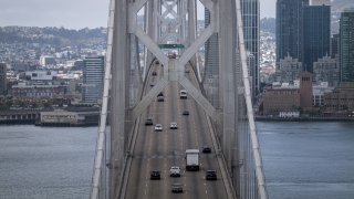 Traffic travels westbound on the Oakland-San Francisco Bay Bridge.