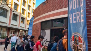 Voters wait on line at a polling station at the University of Southern California on Tuesday, March 3, 2020.