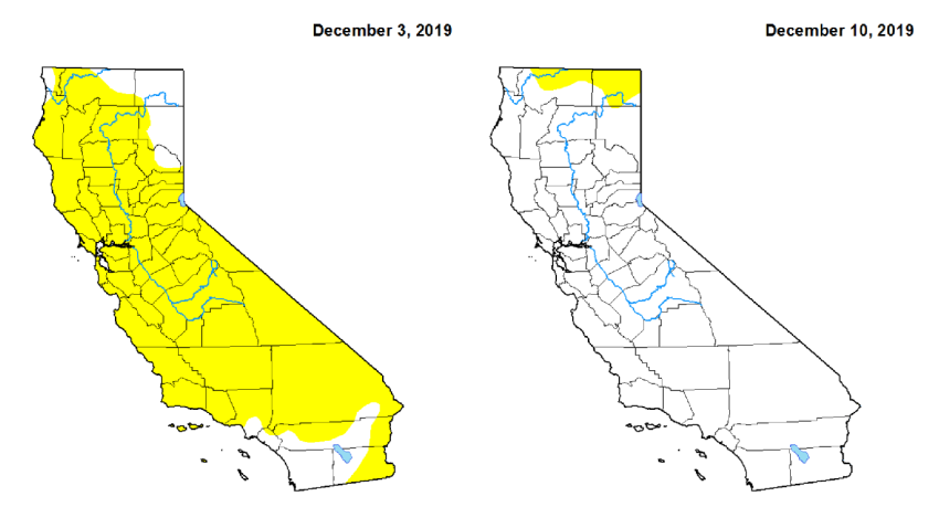 Maps from the U.S. Drought Monitor show improving drought conditions in California.