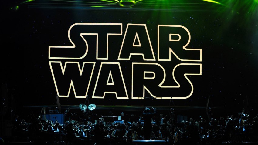 In this file photo, the opening title from the Star Wars film series is shown on screen while musicians perform during "Star Wars: In Concert" at the Orleans Arena May 29, 2010 in Las Vegas, Nevada.
