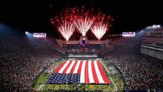 An overhead view of the flag during the pregame festivities before the start of the game between the Kansas City Chiefs and the Los Angeles Rams at Los Angeles Memorial Coliseum on November 19, 2018 in Los Angeles, California.