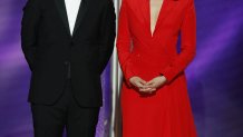 BEVERLY HILLS, CALIFORNIA - JANUARY 06: In this handout photo provided by NBCUniversal, Hosts Andy Samberg and Sandra Oh speak onstage during the 76th Annual Golden Globe Awards at The Beverly Hilton Hotel on January 06, 2019 in Beverly Hills, California.  (Photo by Paul Drinkwater/NBCUniversal via Getty Images)