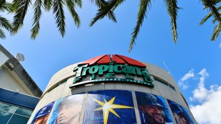 In this March 28, 2019, file photo, Tropicana Field is seen on Opening Day before a baseball game between the Tampa Bay Rays and the Houston Astros in St Petersburg, Florida.